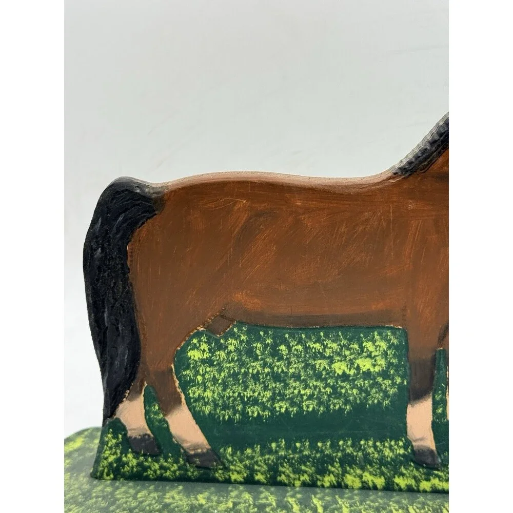 Vintage 1989 Menno Shirk Folk Art Wood Carved Brown Horse 9.5” w/ Signed Base
